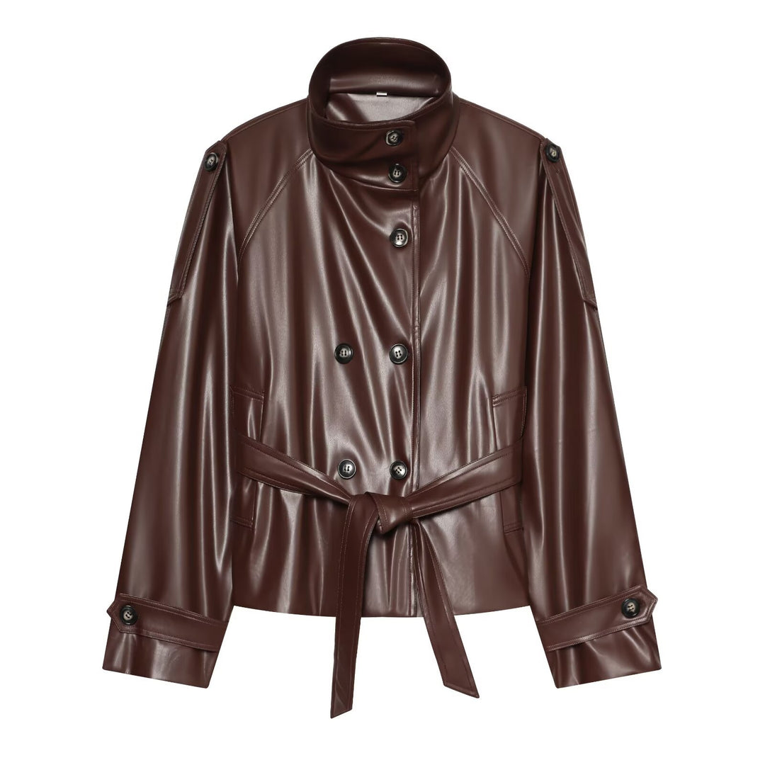 Damen Kurzer Trench‑Blouson in Lederoptik mit Taillengürtel, hohem Stehkragen und doppelter Knopfleiste Drune