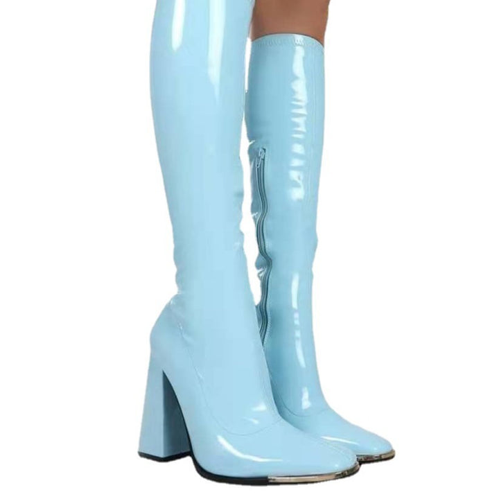 Damen Kniehohe Lackstiefel mit Blockabsatz, quadratischer Spitze und Metallkappenschutz Drune