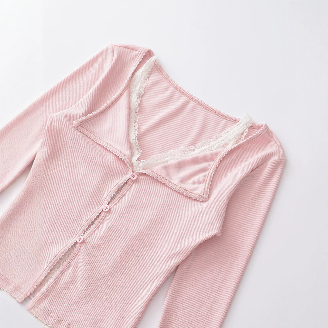 Damen Taillierter Buttoncardigan mit Spitzenbesatz und ausgestellten Ärmeln Drune