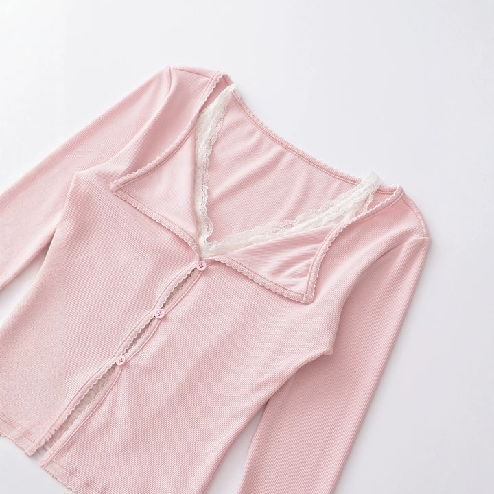 Damen Taillierter Buttoncardigan mit Spitzenbesatz und ausgestellten Ärmeln Drune