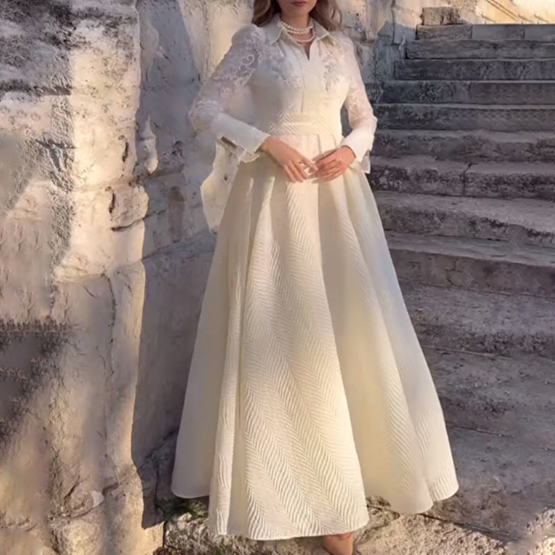 Damen Elegantes Maxikleid mit Spitzenärmeln und Taillengürtel Drune