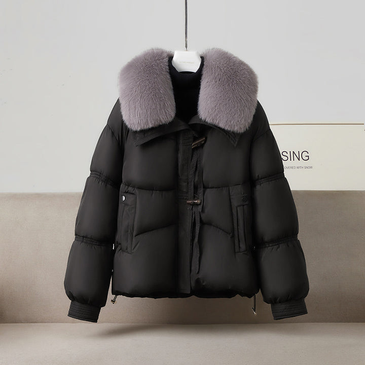 Damen nan kurze Steppluftjacke mit voluminösem Webpelzkragen, Knebelverschluss und formstabiler Taillenlinie Drune
