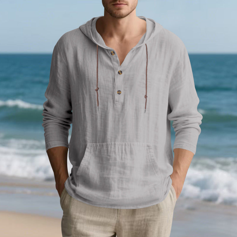 Herren lässiges Kapuzenshirt mit Knopfleiste und praktischer Kängurutasche Drune