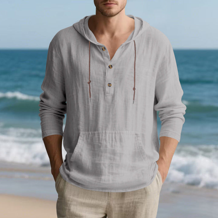 Herren lässiges Kapuzenshirt mit Knopfleiste und praktischer Kängurutasche Drune