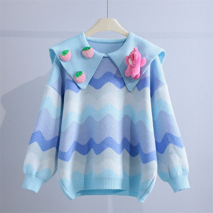 Damen Strickpullover mit verspielten Applikationen und Wellenmuster Drune