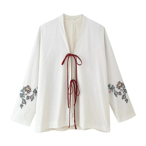 Damen nan leichte Kimono-Blusenjacke mit floraler Ärmelsstickerei und kontrastierenden Bindebändern Drune
