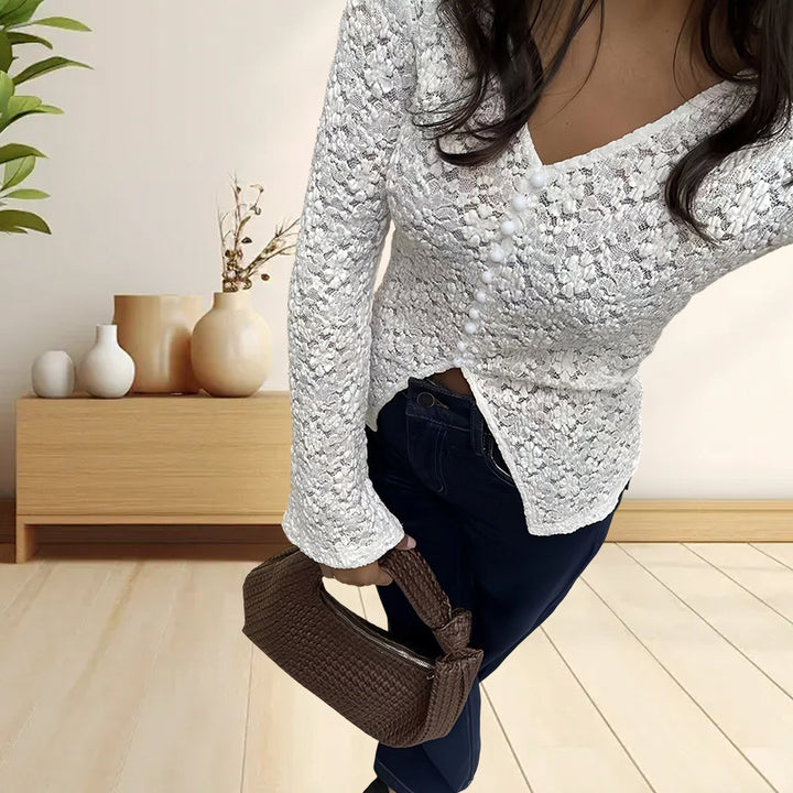 Damen Elegantes Longsleeve-Oberteil mit Lochmuster und Knopfleiste Drune