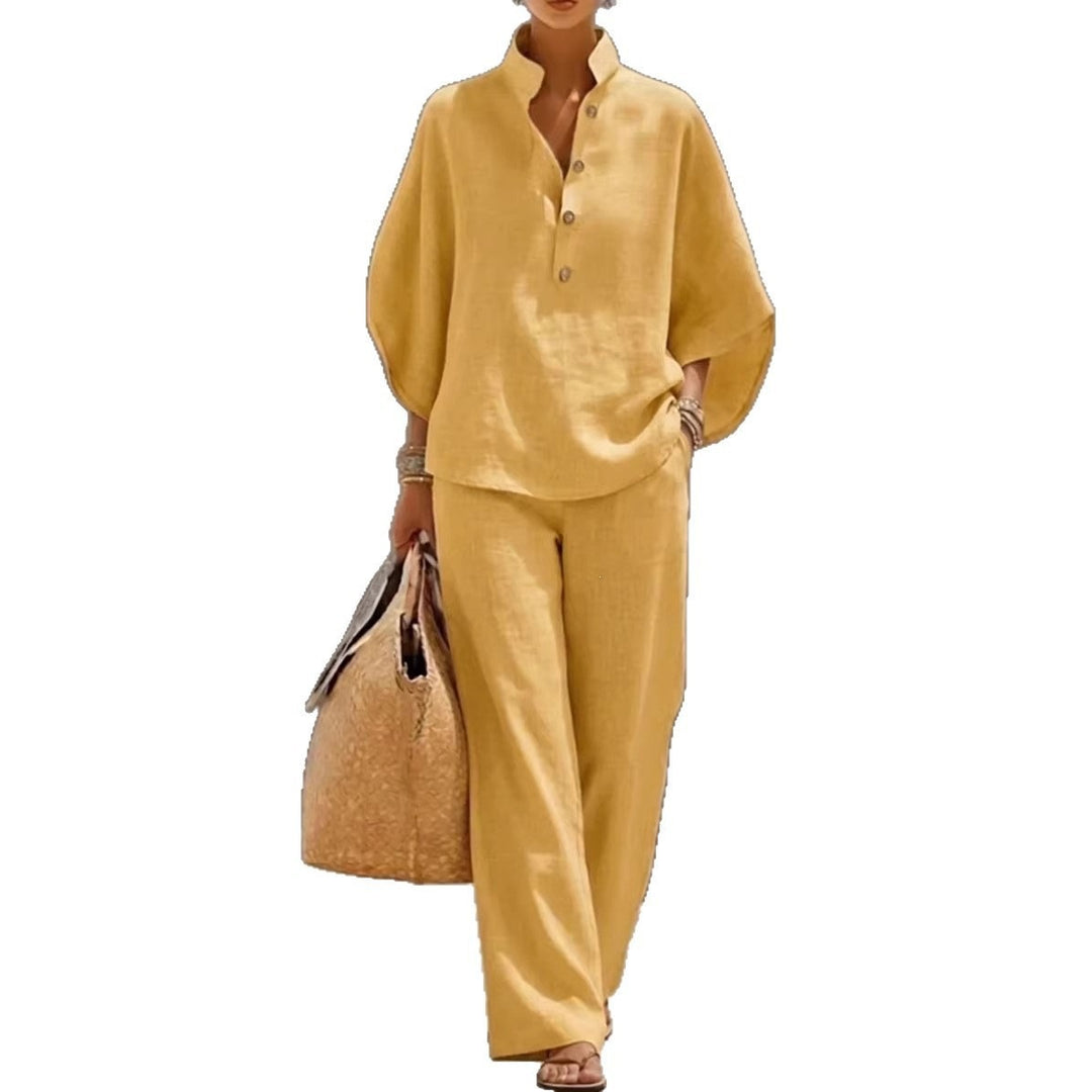 Damen Lockeres Leinenoptik-Zweiteiler mit Stehkragenbluse und weitem Palazzo-Hose Drune
