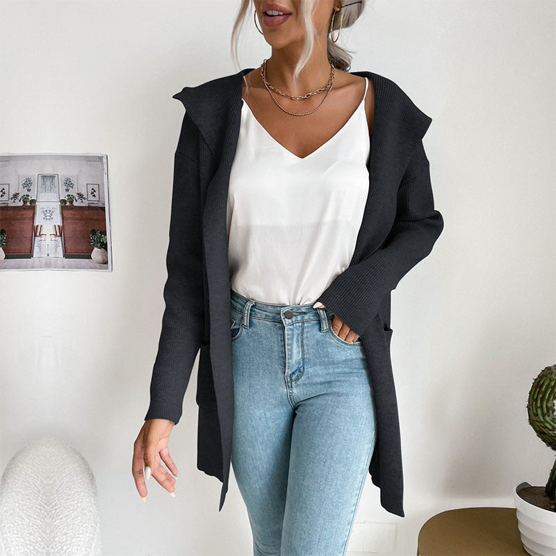 Damen Langärmlige Strickjacke mit Kapuze und seitlichen Taschen Drune