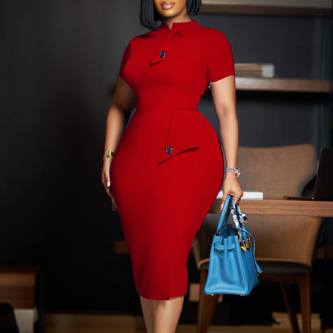 Damen figurbetontes Midi-Kleid mit innovativer Knopfdetails Drune