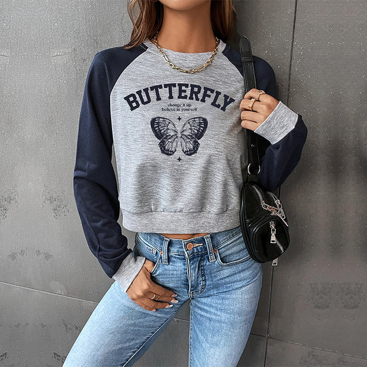 Damen Cropped Raglan-Sweatshirt mit Schmetterling-Print, geripptem Saum und lässiger Passform Drune