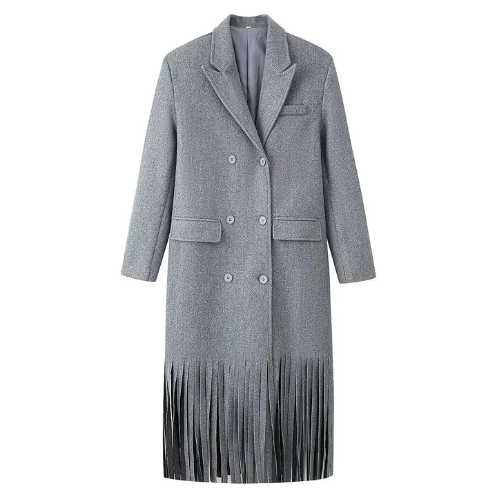 Damen nan langer zweireihiger Wollmix Mantel mit Fransenabschluss und Pattentaschen Drune