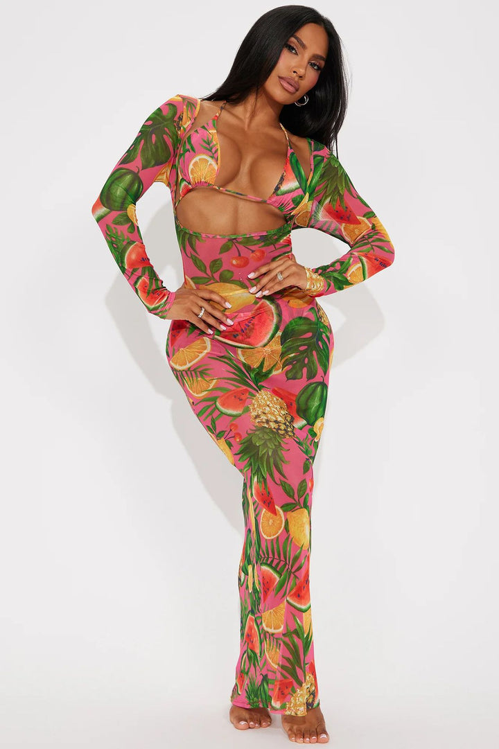 Damen Maxikleid mit fruchtigem Druck und raffiniertem Cut-Out Drune
