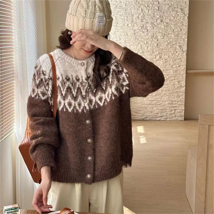 Damen Grobstrick Cardigan mit geometrischem Fair-Isle-Muster und eleganter Knopfleiste Drune