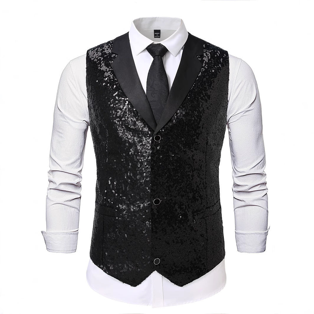 Herren Glänzende Pailletten‑Weste mit Satin‑Revers und taillierter Silhouette Drune