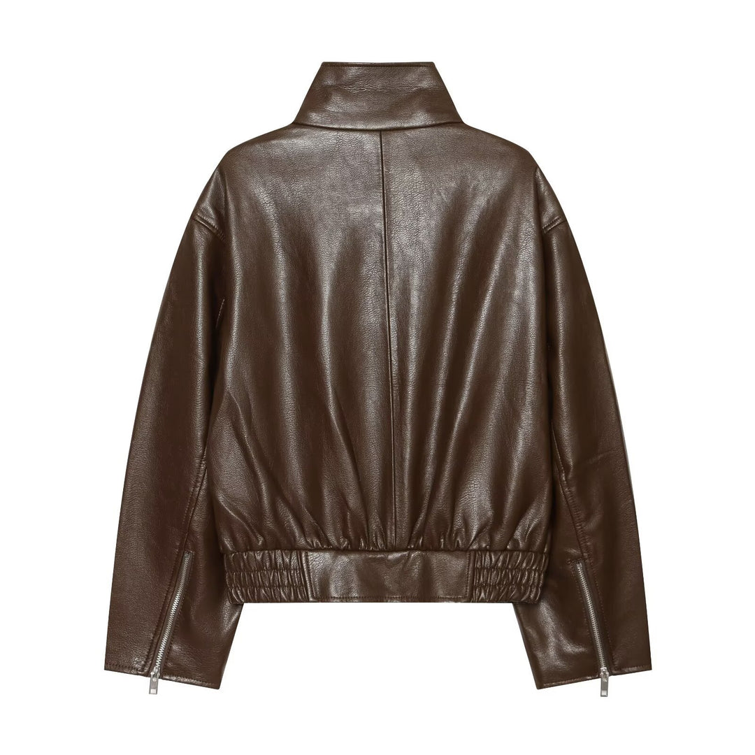 Damen Kurze Kunstleder-Bikerjacke mit Stehkragen, asymmetrischem Reißverschluss und elastischem Saum Drune