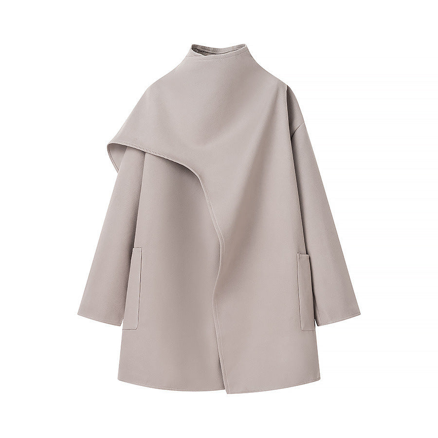 Damen Asymmetrischer Wollmix-Mantel mit Cape-Überwurf und Stehkragen Drune