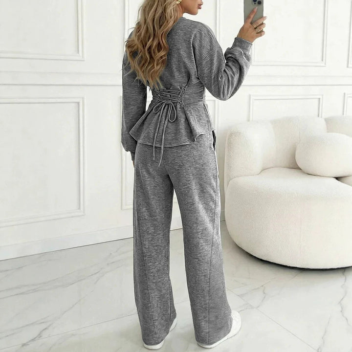Damen Zweiteiliges Loungewear-Set aus Melange‑Jersey mit weitem Bein und Rundhalsausschnitt Drune