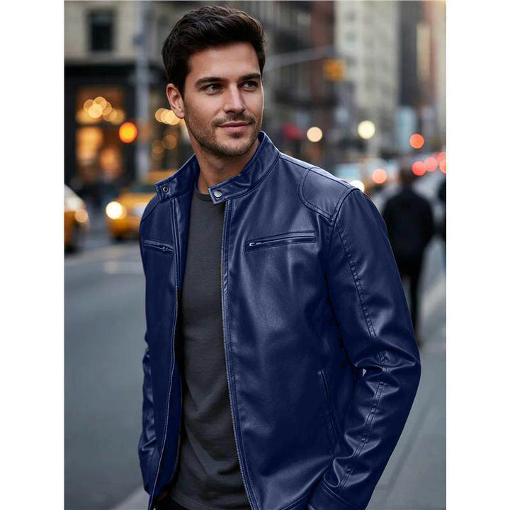 Herren Biker‑Style Kunstlederjacke mit Stehkragen und Reißverschlusstaschen Drune