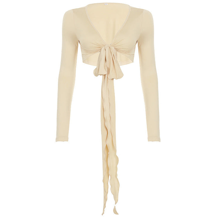 Damen Crop-Top mit verspieltem Bindeband und langen Ärmeln Drune