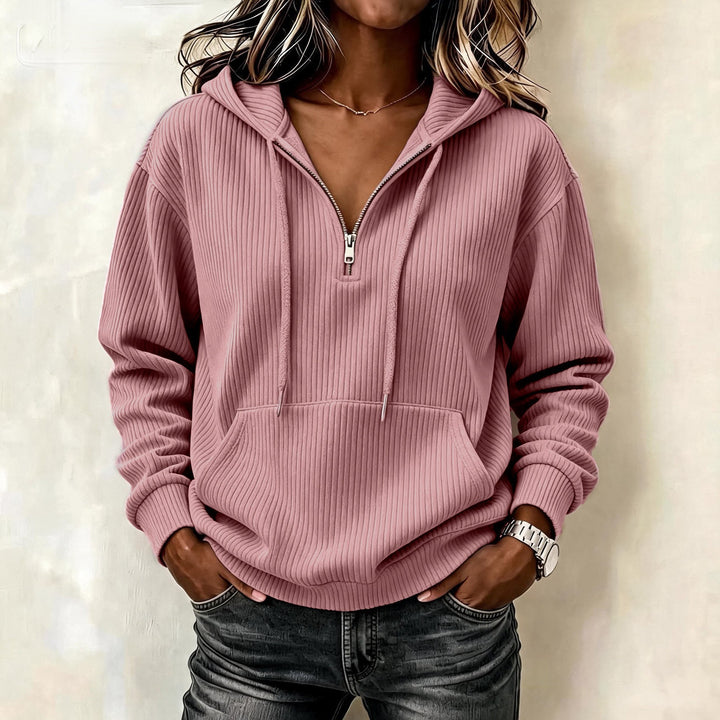 Damen Gestrickter Ripp-Hoodie mit halbem Reißverschluss, Kängurutasche und Oversize-Schnitt Drune