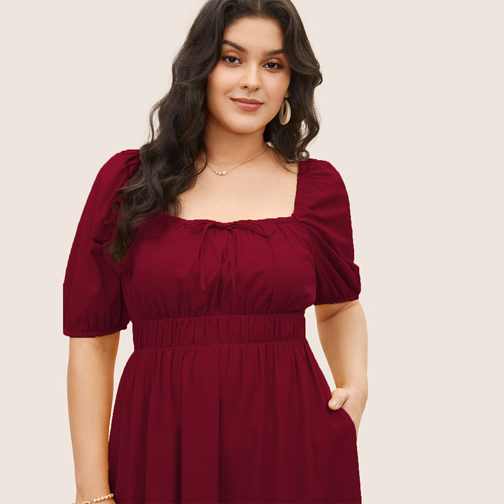 Damen elegantes Midikleid mit modischen Puffärmeln und Taillenschnürung Drune
