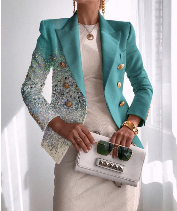 Damen Taillierter Doppelreihiger Blazer mit markanter Schulter, Goldknöpfen und Glitzer-Ombré Drune