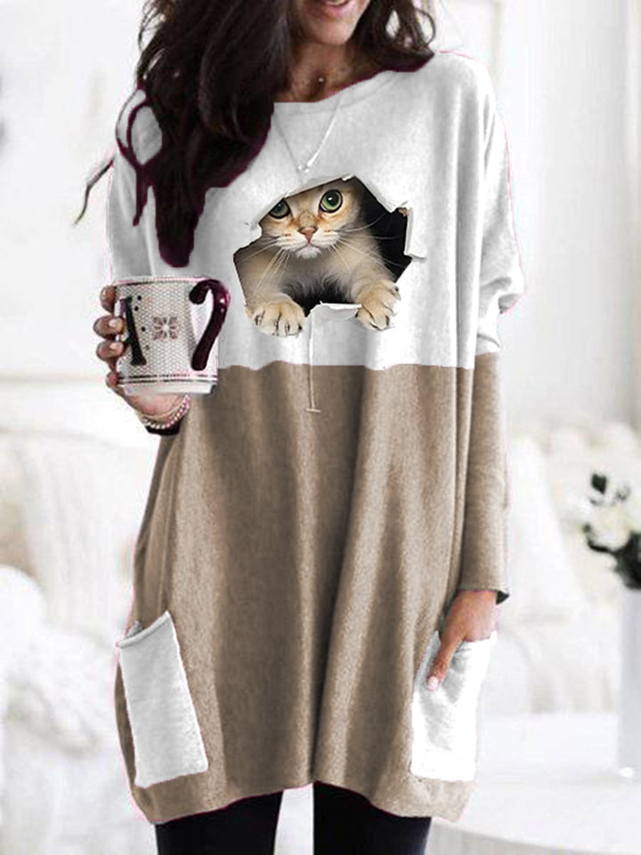 Frauen Längerer Colorblock Strickpullover mit Katzenmotiv und aufgesetzten Taschen Drune