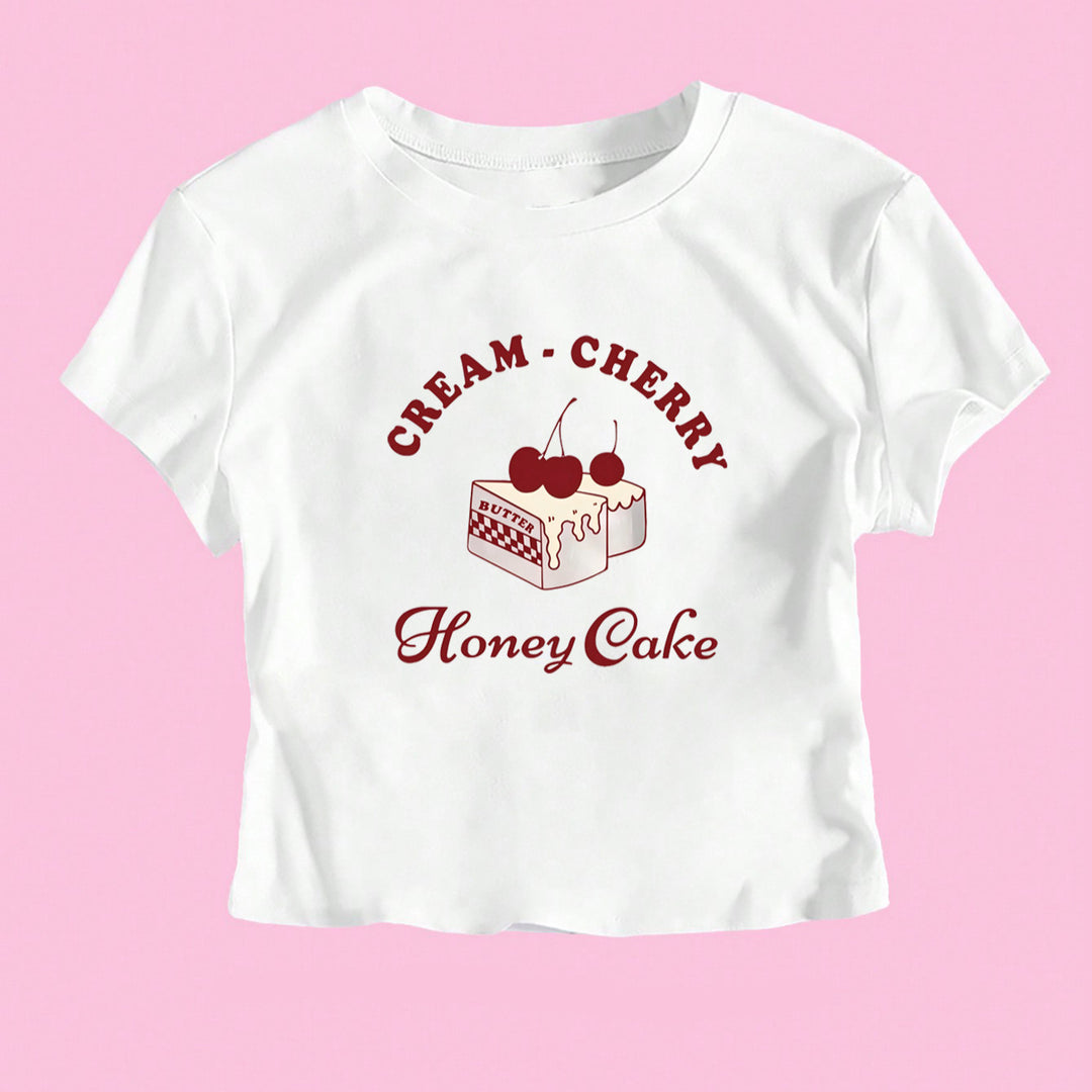 Damen Crop-T-Shirt mit kreativem Dessert-Motiv und modernem Schnitt Drune