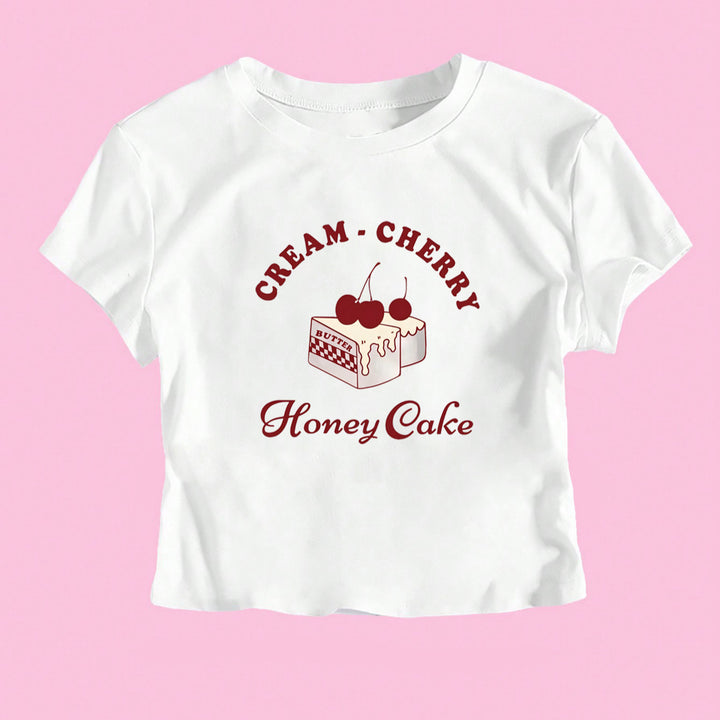 Damen Crop-T-Shirt mit kreativem Dessert-Motiv und modernem Schnitt Drune