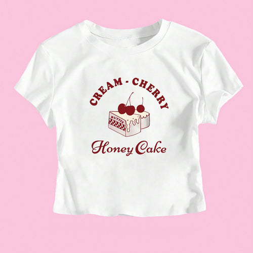 Damen Crop-T-Shirt mit kreativem Dessert-Motiv und modernem Schnitt Drune