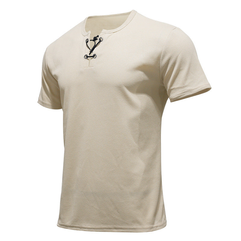 Herren nan Kurzarmshirt mit Schnürkragen, Metallösen und feinem Strukturjersey Drune