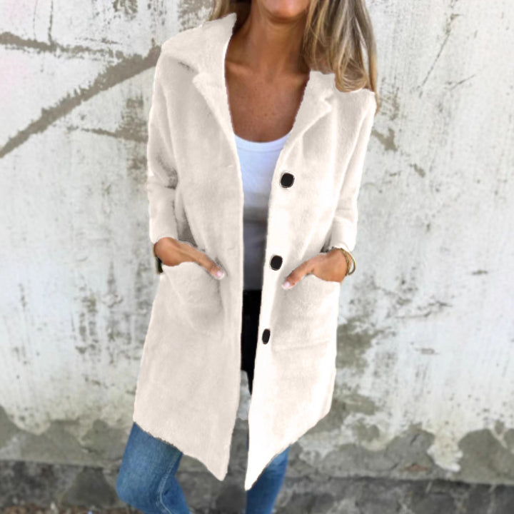 Damen Teddy-Mantel mit Oversize-Kragen, dekorativen Knöpfen und Eingrifftaschen Drune
