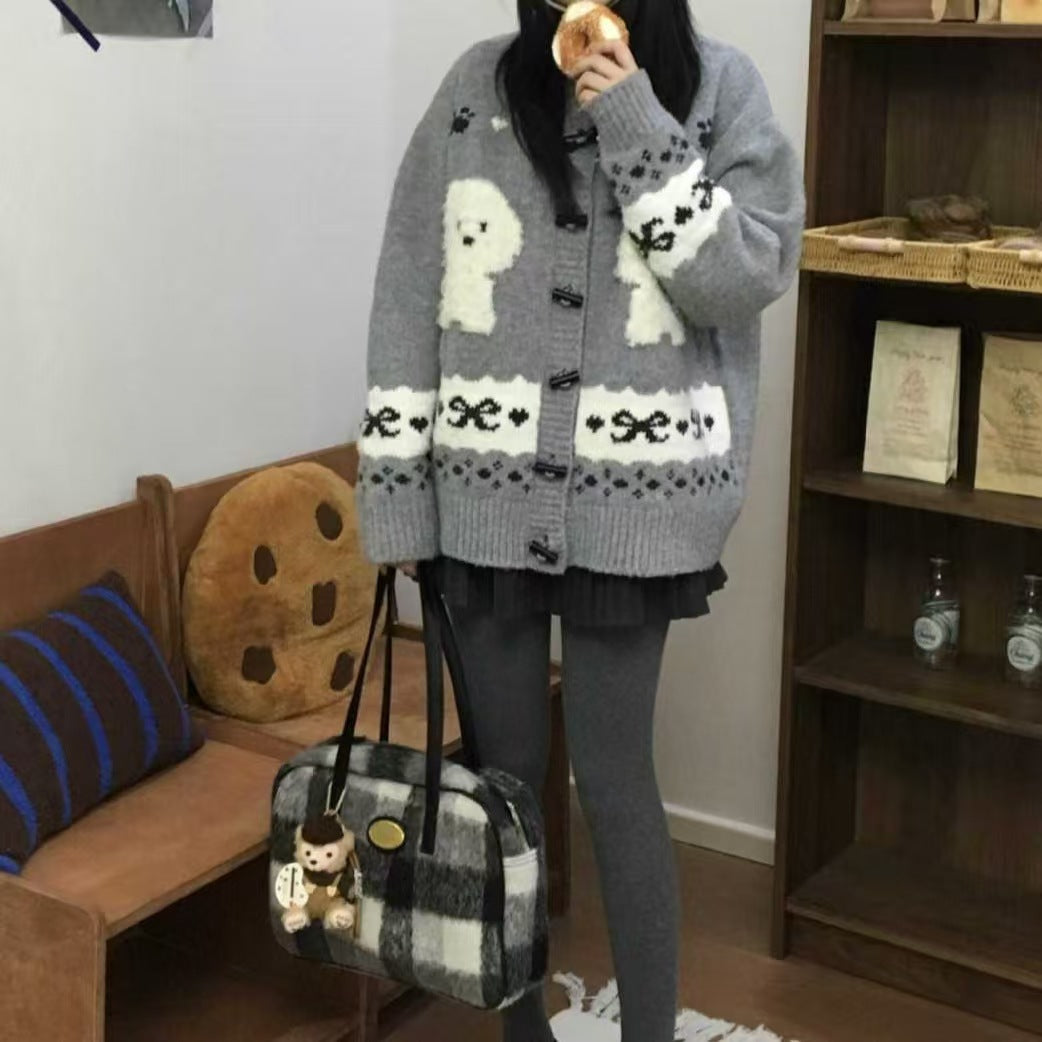 Damen Gemusterte Strickjacke mit tierischem Motiv und Knopfdetails Drune