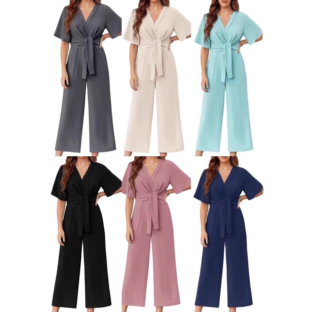 Damen eleganter Wickel-Jumpsuit mit weiten Beinen und Taillengürtel Drune