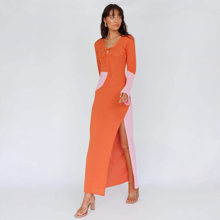 Damen elegantes Strick-Maxikleid mit innovativem Cut-Out-Design und weitem Schlitz Drune