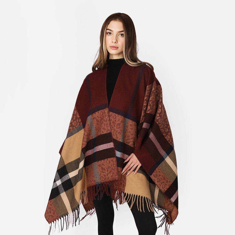 Damen Übergroßer Poncho mit Fransen und Karomuster Drune