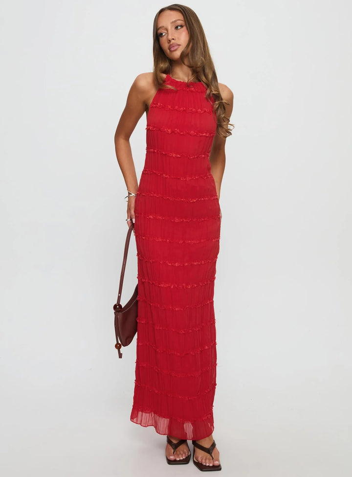 Damen Maxikleid mit schulterfreiem Design und fließenden Rüschen Drune