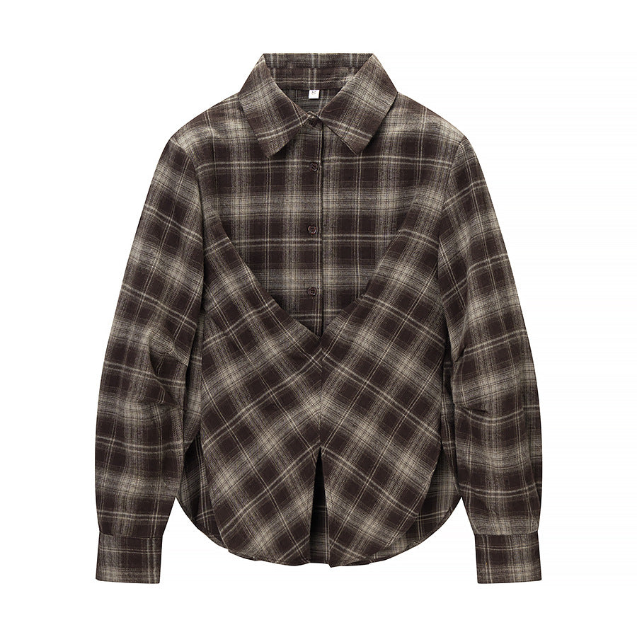 Damen Kariertes Baumwollhemd mit Wickel‑Drapierung und Oversize‑Silhouette Drune