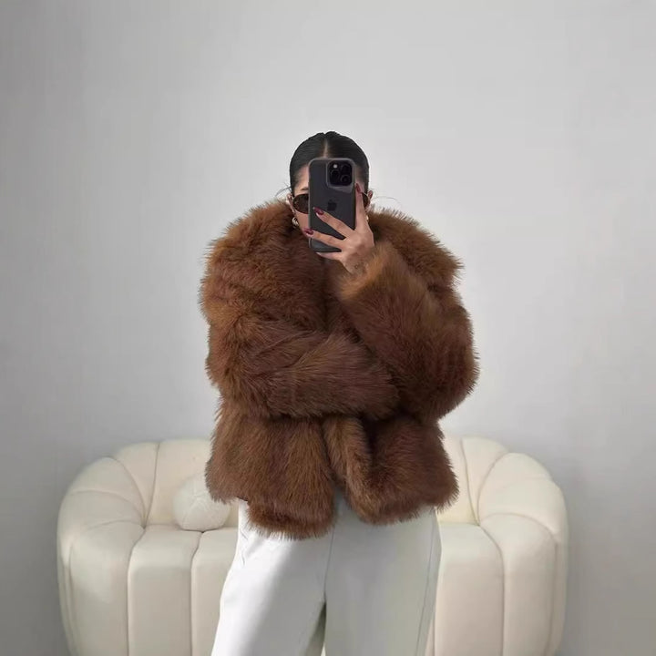 Damen Kurzbolero im Boxy-Cut aus veganem Shaggy-Kunstpelz mit XXL-Schalkragen Drune