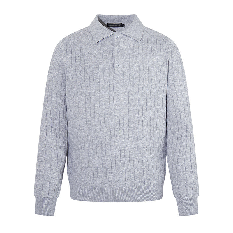 Herren Strick-Polo mit Zopfstrickmuster, Hemdkragen und Knopfleiste Drune
