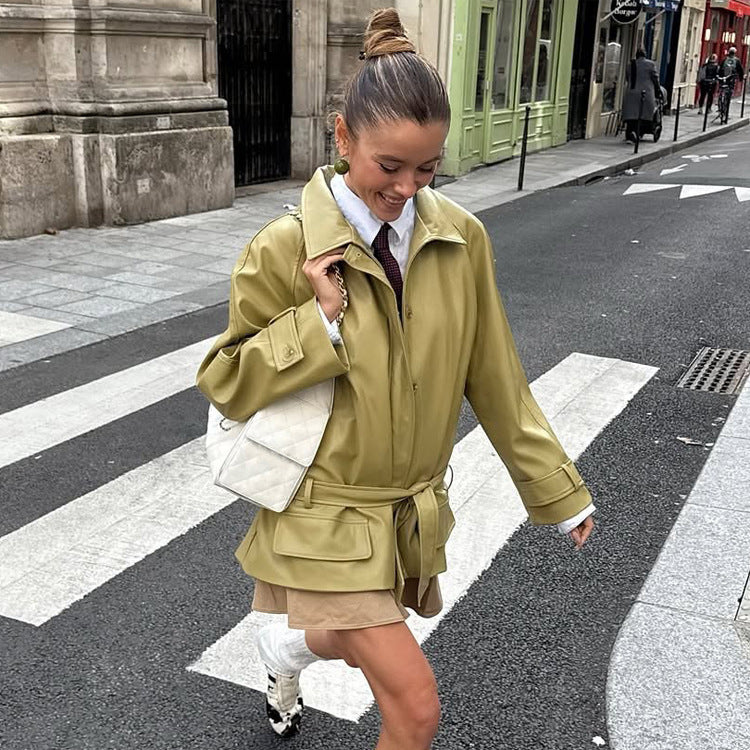 Damen Oversize Lederimitat-Jacke mit Taillengürtel und aufgesetzten Taschen Drune