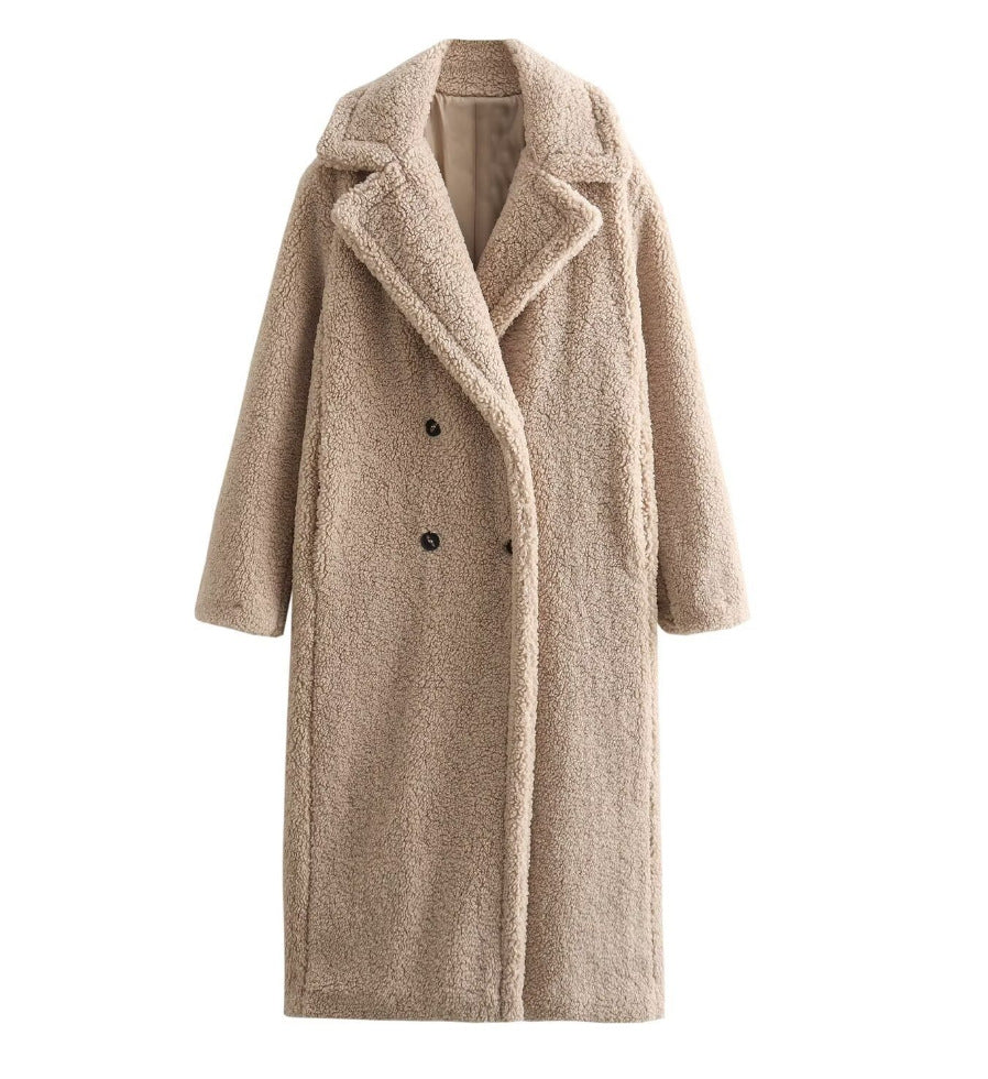 Damen 900+ langer Teddy‑Mantel im Oversize‑Cut mit Doppelreihe, Reverskragen und wärmender Innenfutter Drune