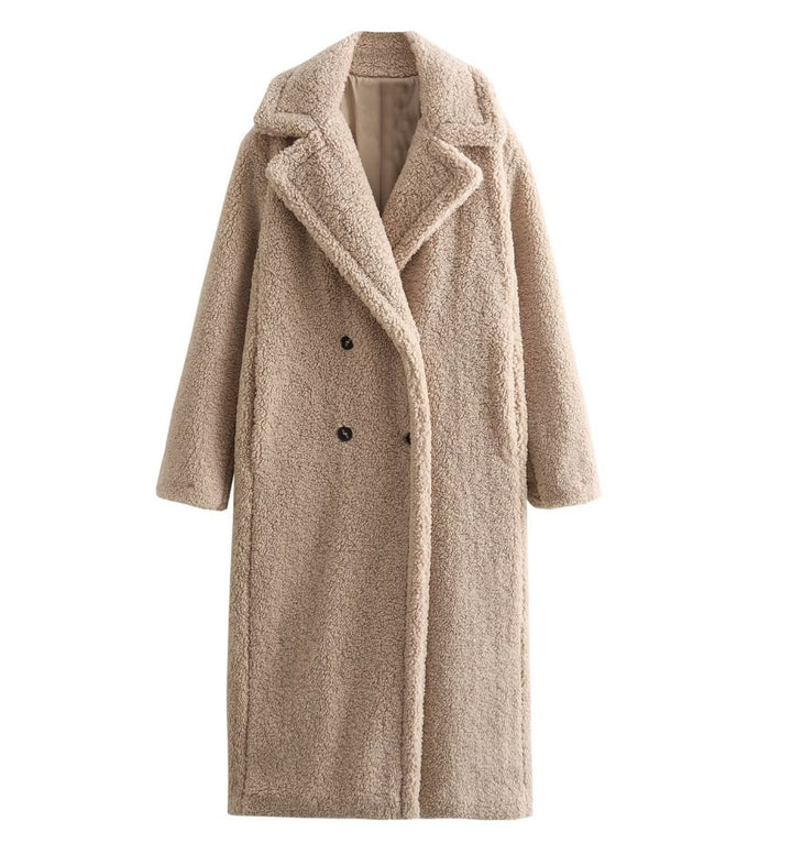 Damen 900+ langer Teddy‑Mantel im Oversize‑Cut mit Doppelreihe, Reverskragen und wärmender Innenfutter Drune