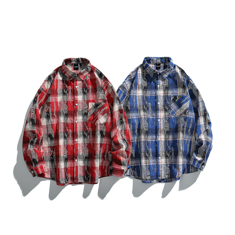 Unisex Oversize-kariertes Flanellhemd mit Destroyed-Details und Brusttasche Drune