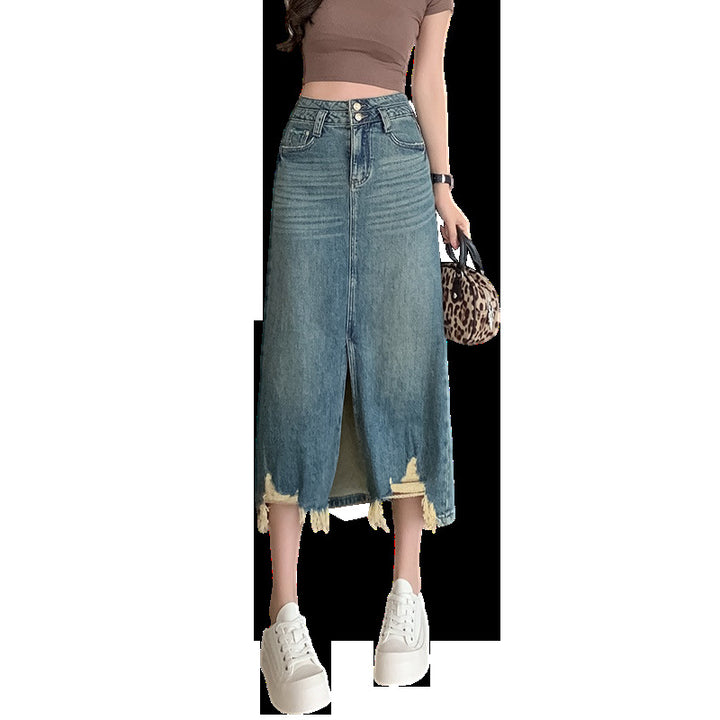 Damen Langer Denimrock mit seitlichem Schlitz und fransigem Saum Drune