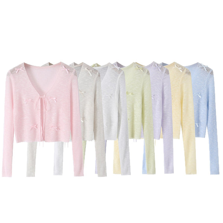 Damen Cropped-Feinstrick-Cardigan mit V-Ausschnitt, Bindeband und Zierschleifen Drune
