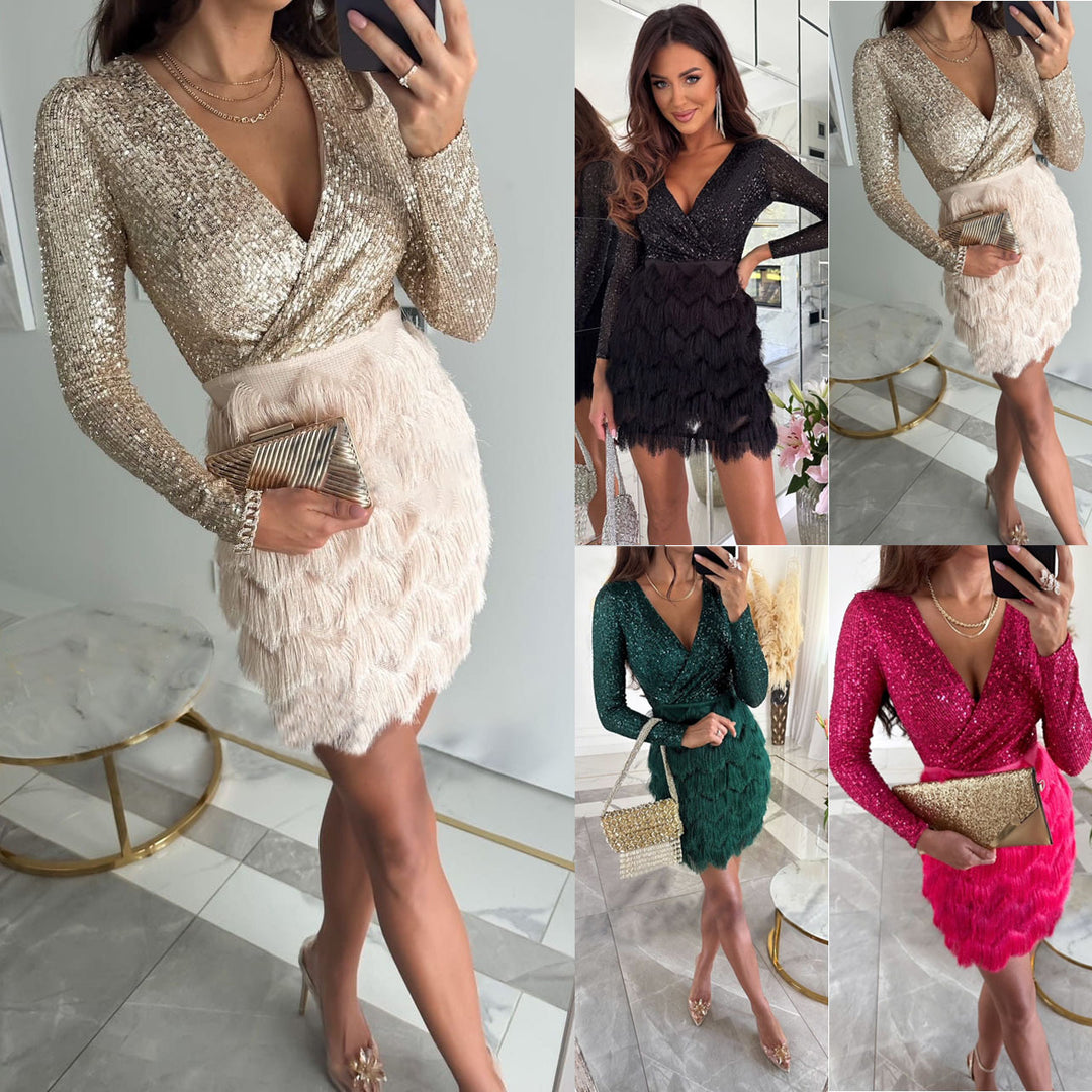 Damen Shiny Wickel-Mini-Kleid mit Pailletten-Oberteil und Feder-Tierrock Drune