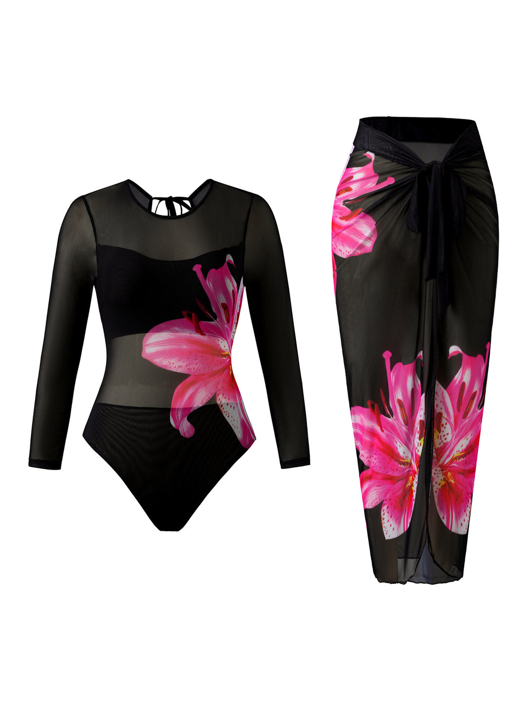 Damen Eleganter Badeanzug mit langem Arm und transparente Wickelrock Drune