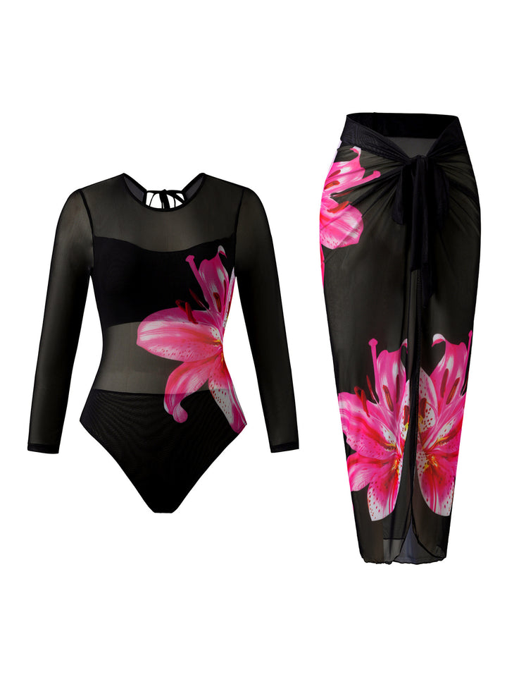 Damen Eleganter Badeanzug mit langem Arm und transparente Wickelrock Drune